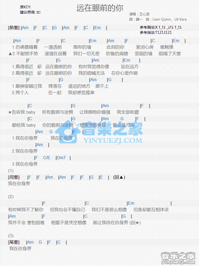 王心凌《远在眼前的你》尤克里里弹唱谱