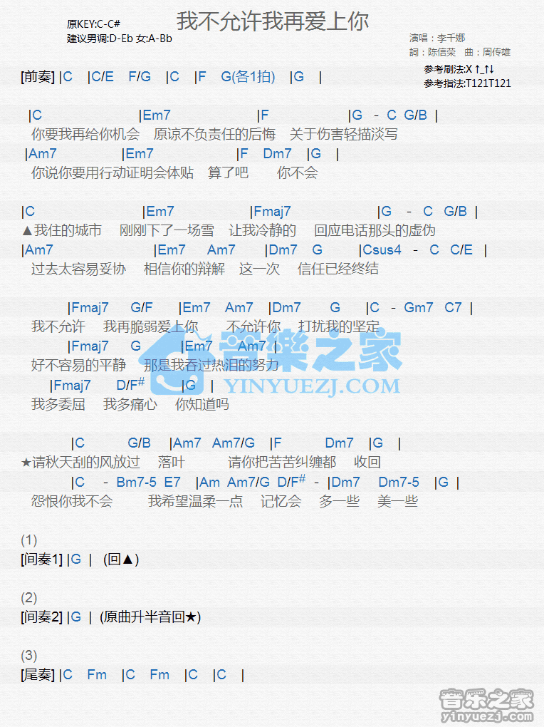 李千娜《我不允许我再爱上你》尤克里里弹唱谱