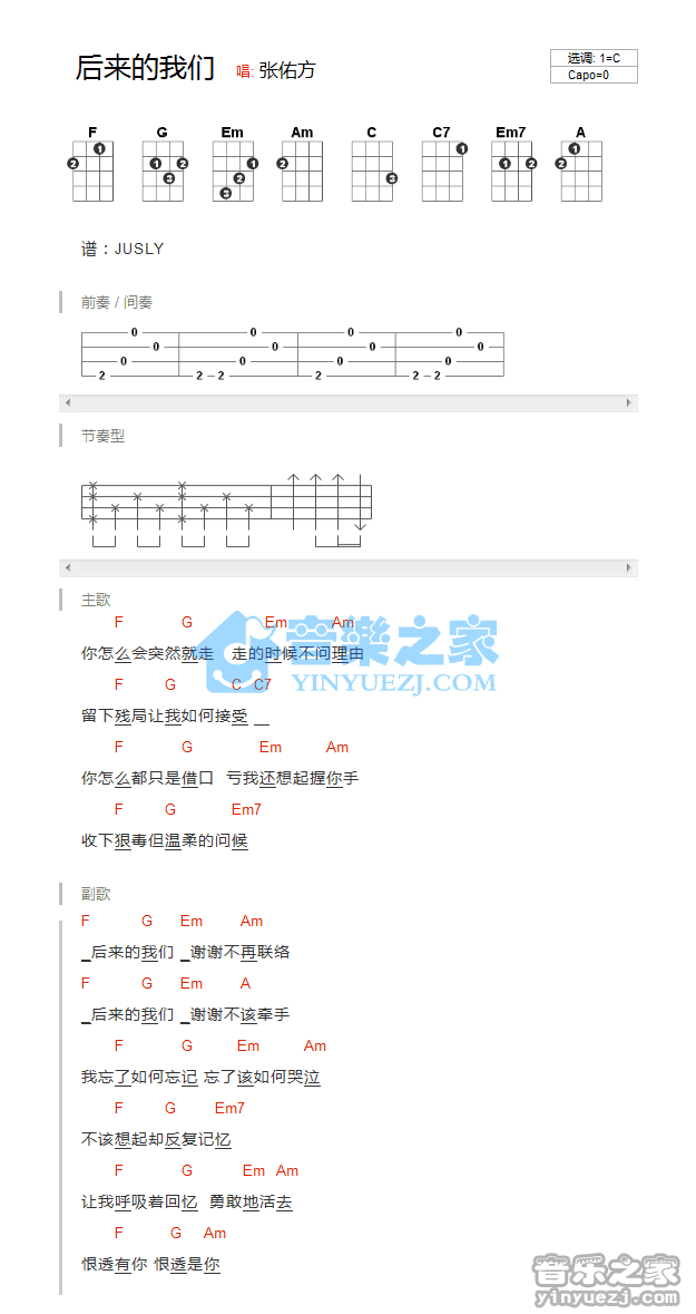 张佑方《后来的我们》尤克里里弹唱谱