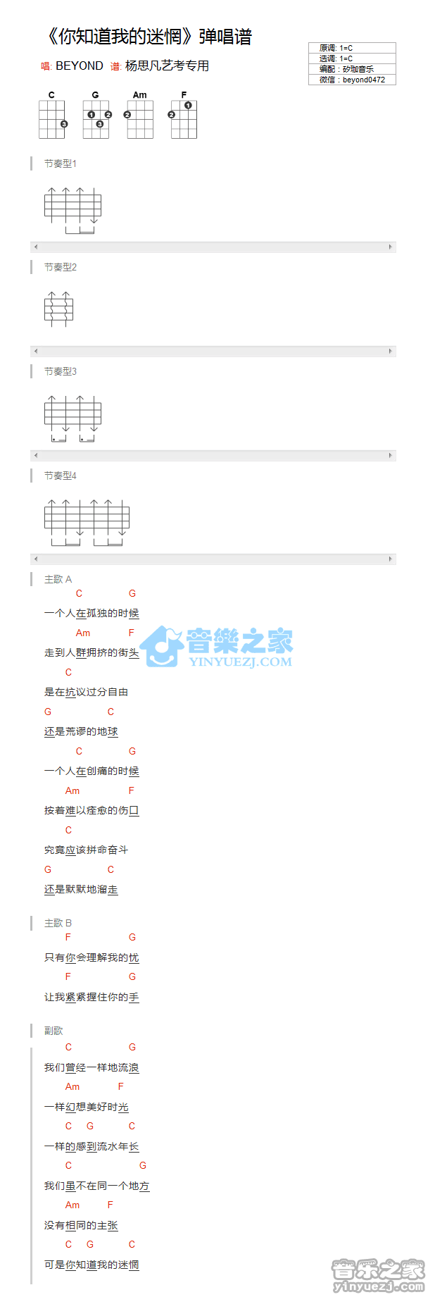 Beyond《你知道我的迷惘》尤克里里弹唱谱