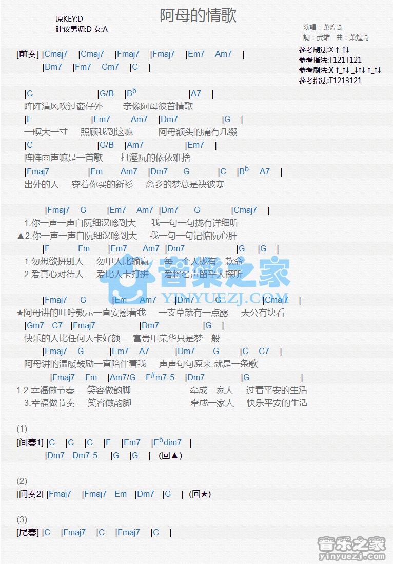 萧煌奇《阿母的情歌》尤克里里弹唱谱