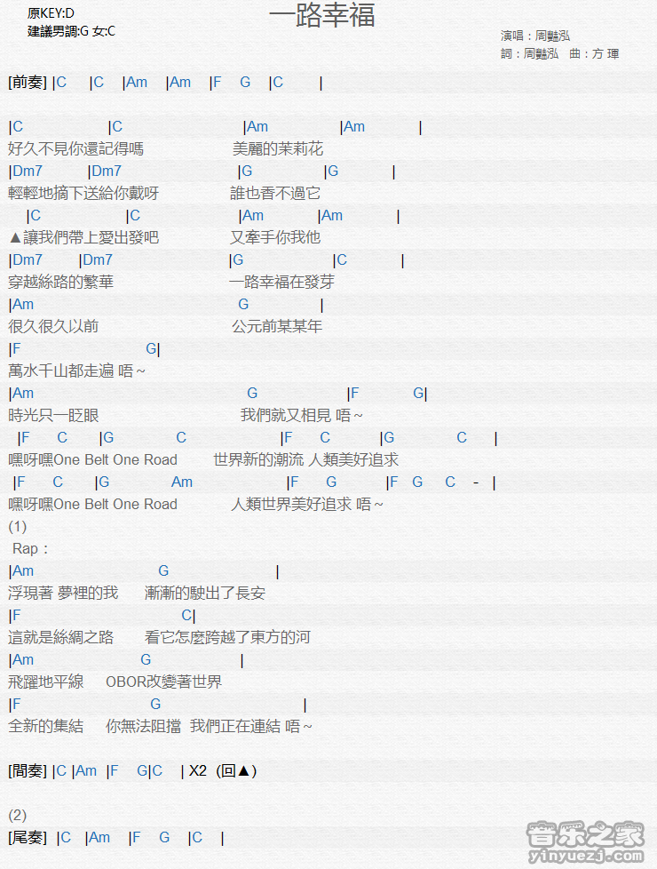 周艳泓《一路幸福》尤克里里弹唱谱