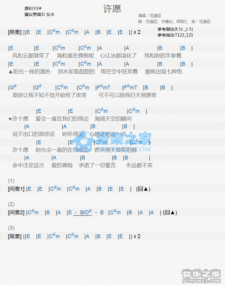 范逸臣《许愿》尤克里里弹唱谱