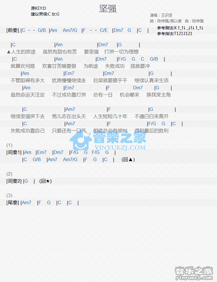 王识贤《坚强》尤克里里弹唱谱