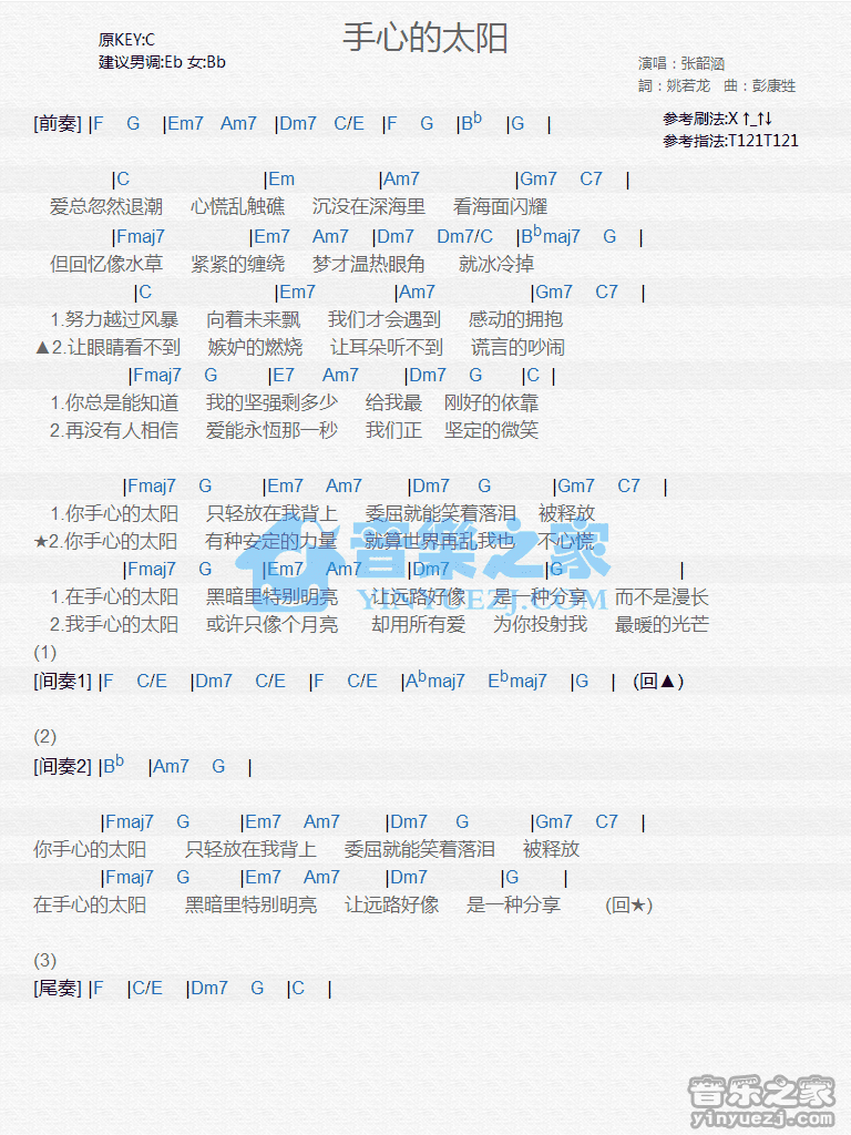 张韶涵《手心的太阳》尤克里里弹唱谱