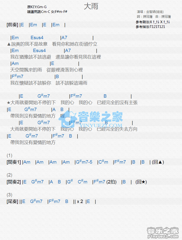 娃娃《大雨》尤克里里弹唱谱