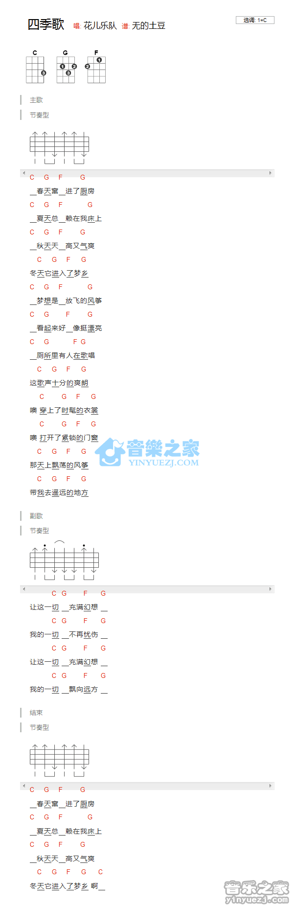 花儿乐队《四季歌》尤克里里弹唱谱