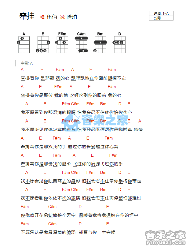 伍佰《牵挂》尤克里里弹唱谱