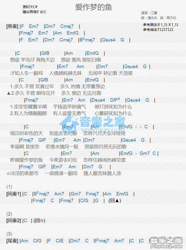 江蕙《爱做梦的鱼》尤克里里弹唱谱