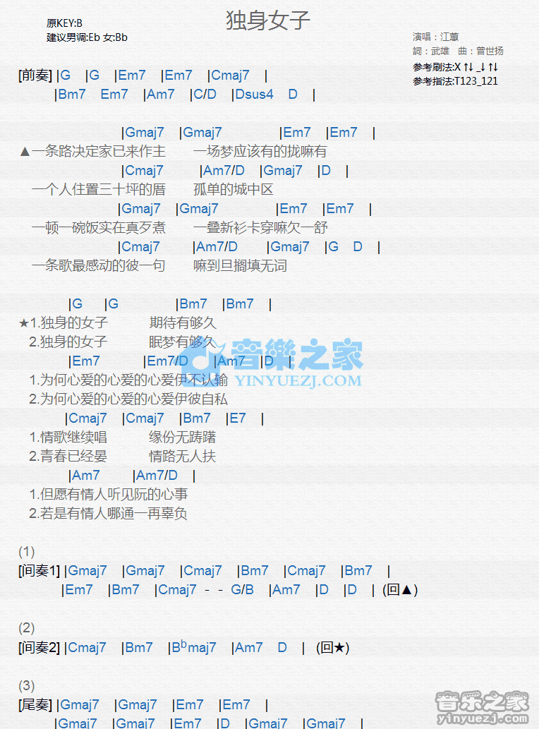 江蕙《独身女子》尤克里里弹唱谱