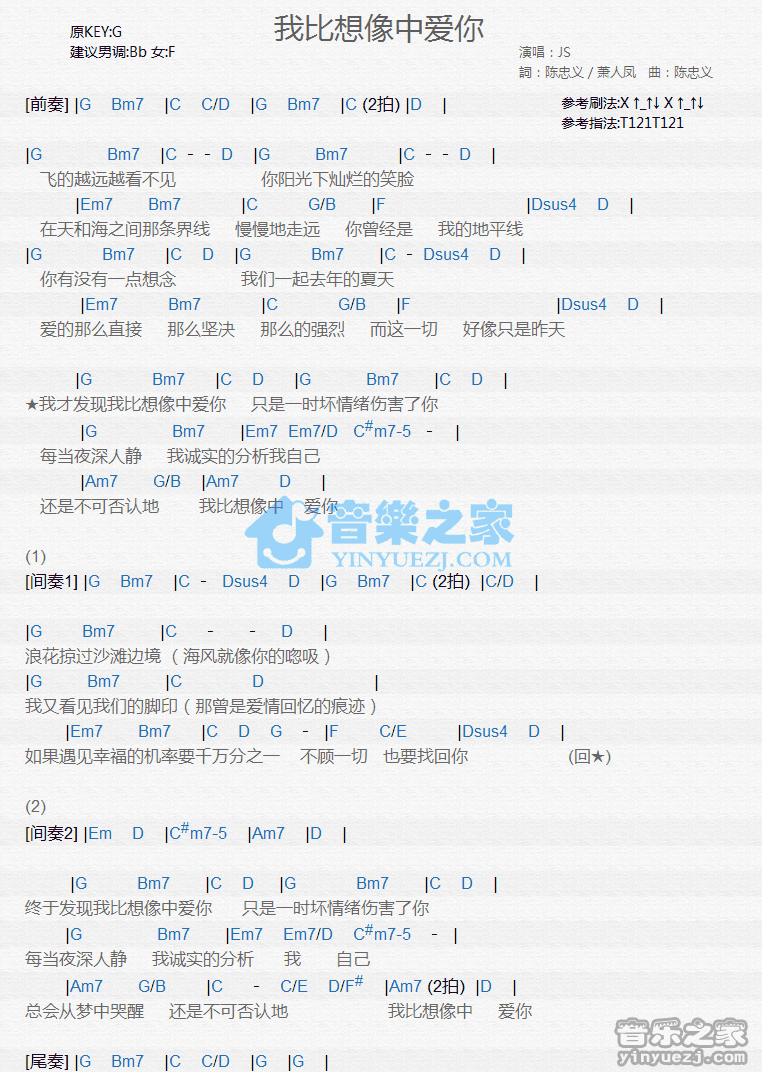 JS《我比想象中爱你》尤克里里弹唱谱
