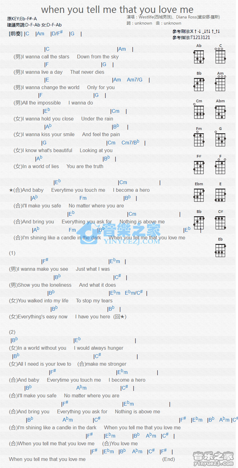 When You Tell Me That You Love Me》尤克里里弹唱谱