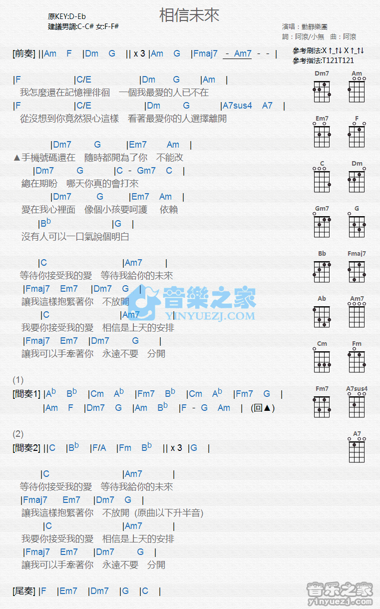 动静乐团《相信未来》尤克里里弹唱谱