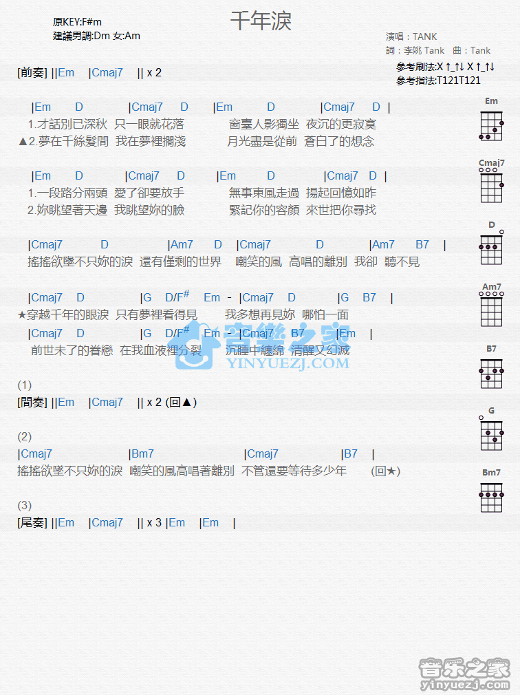 TANK《千年泪》尤克里里弹唱谱