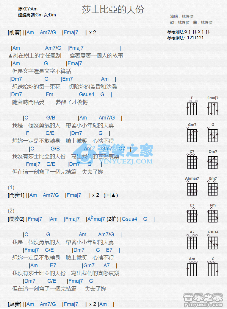 林俊杰《莎士比亚的天分》尤克里里弹唱谱