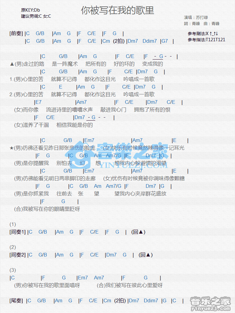 苏打绿《你被写在我的歌里》尤克里里弹唱谱