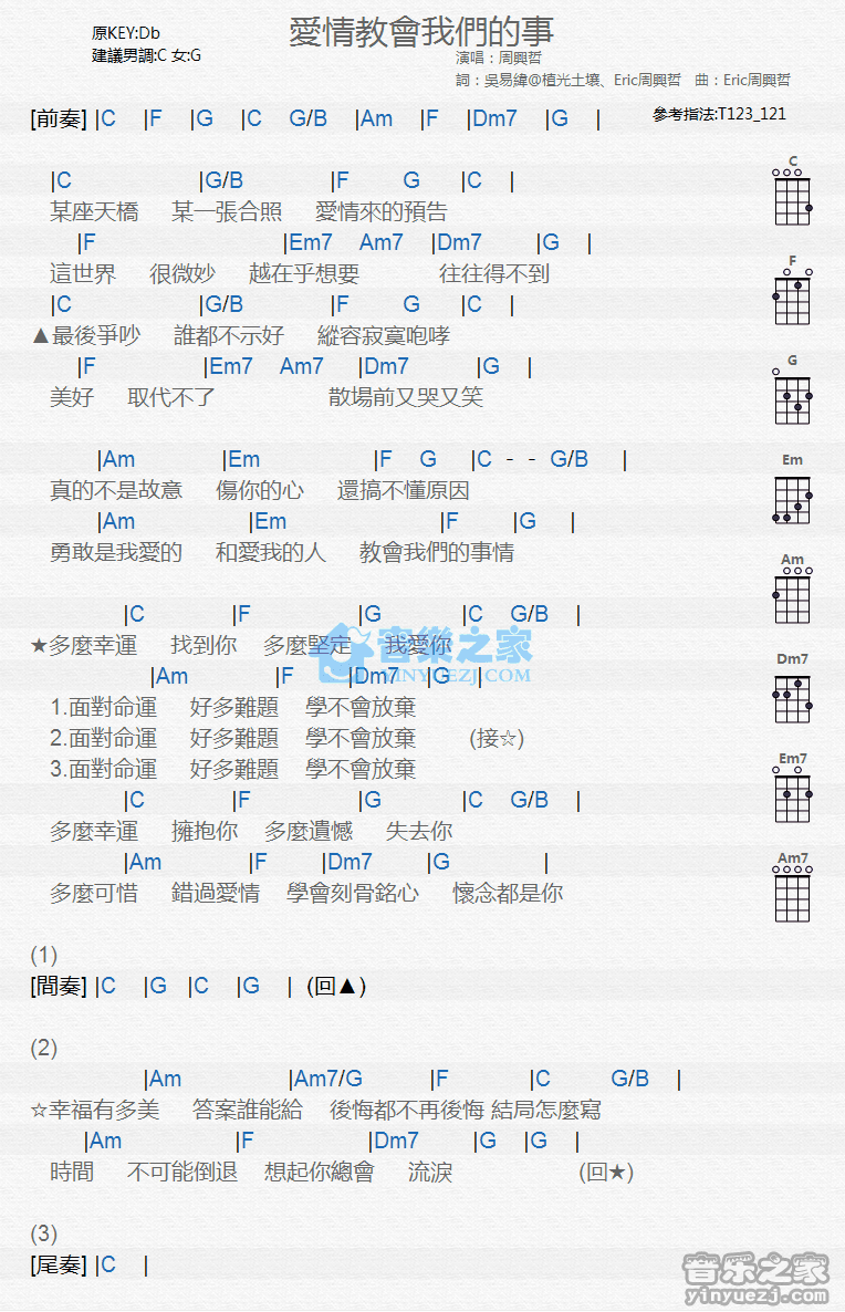 周兴哲《爱情教会我们的事》尤克里里弹唱谱