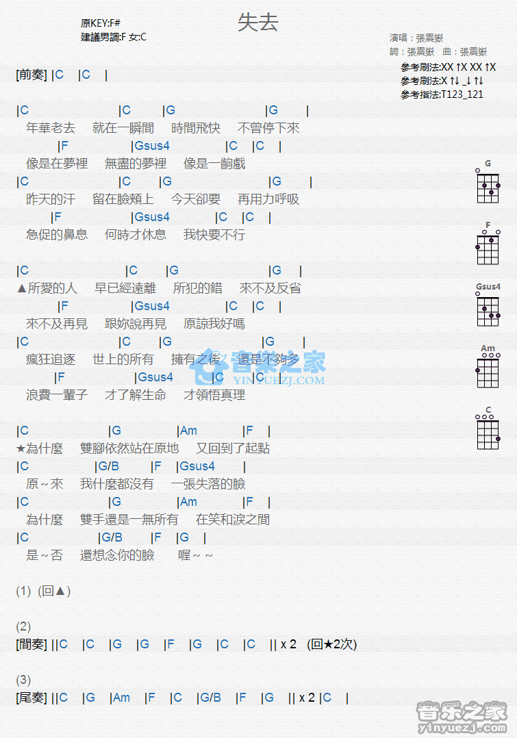 张震岳《失去》尤克里里弹唱谱