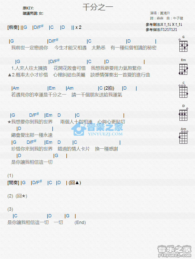 黄鸿升《千分之一》尤克里里弹唱谱
