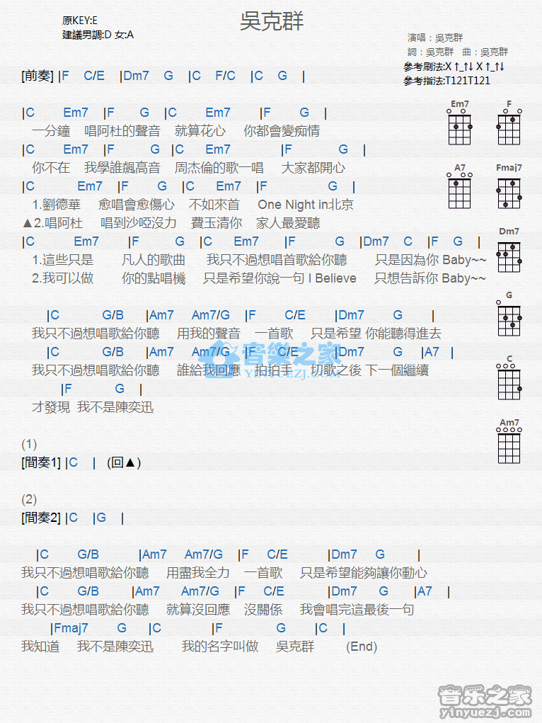 吴克羣《吴克羣》尤克里里弹唱谱