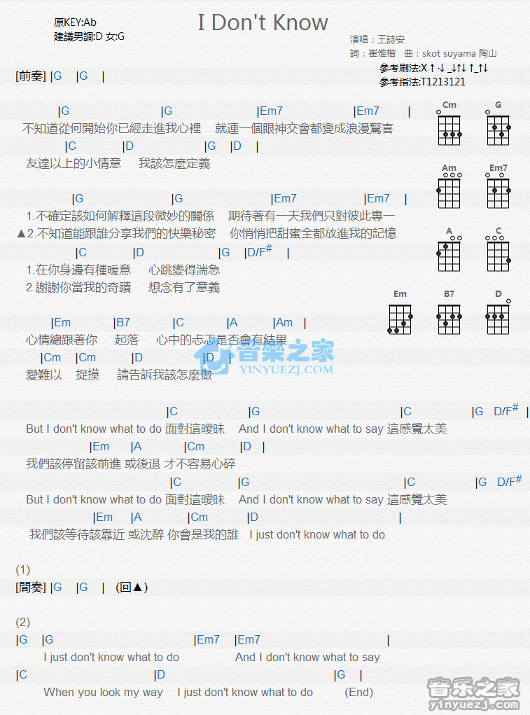 王诗安《I Dont Know》尤克里里弹唱谱
