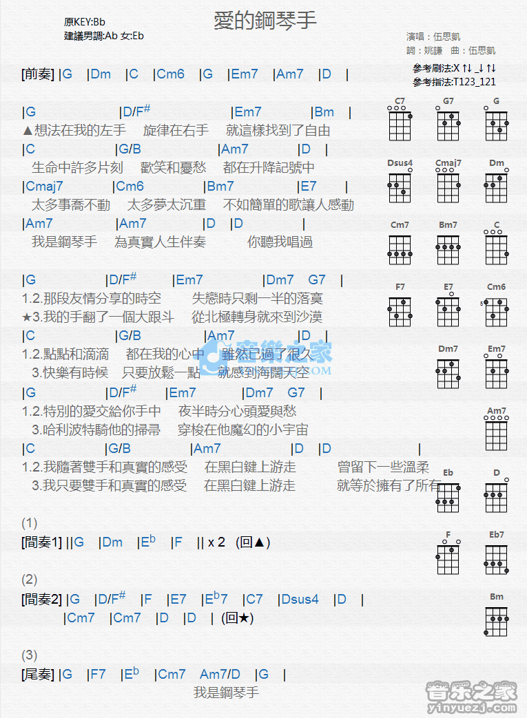 伍思凯《爱的钢琴手》尤克里里弹唱谱