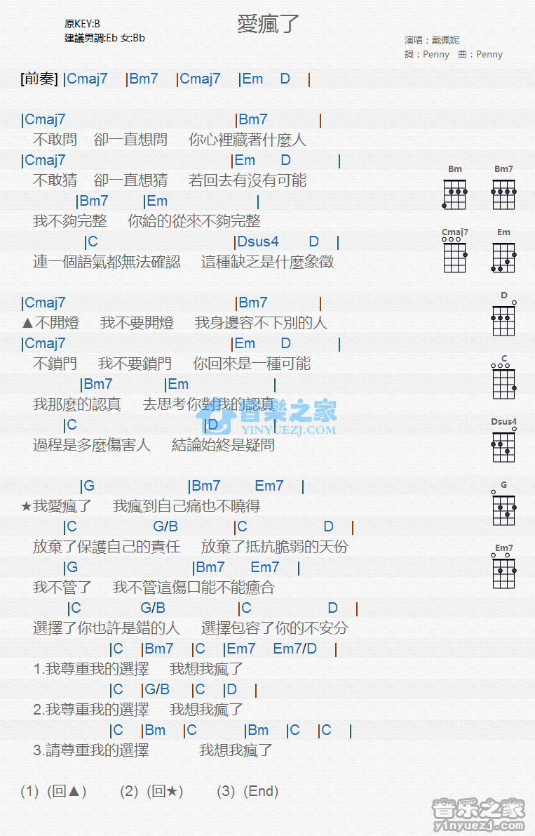戴佩妮《爱疯了》尤克里里弹唱谱