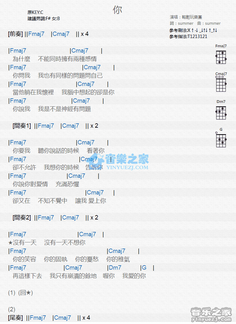 轻松玩乐团《你》尤克里里弹唱谱