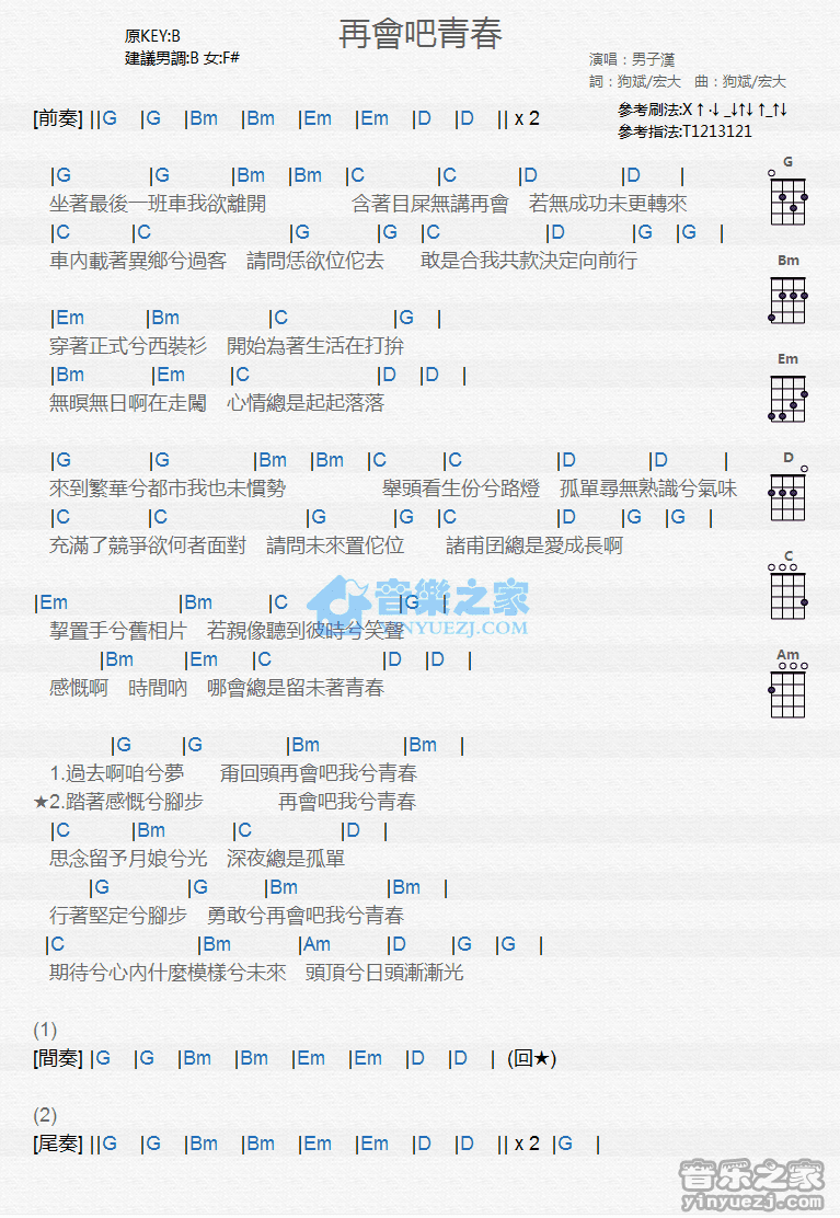 男子汉《再会吧青春》尤克里里弹唱谱