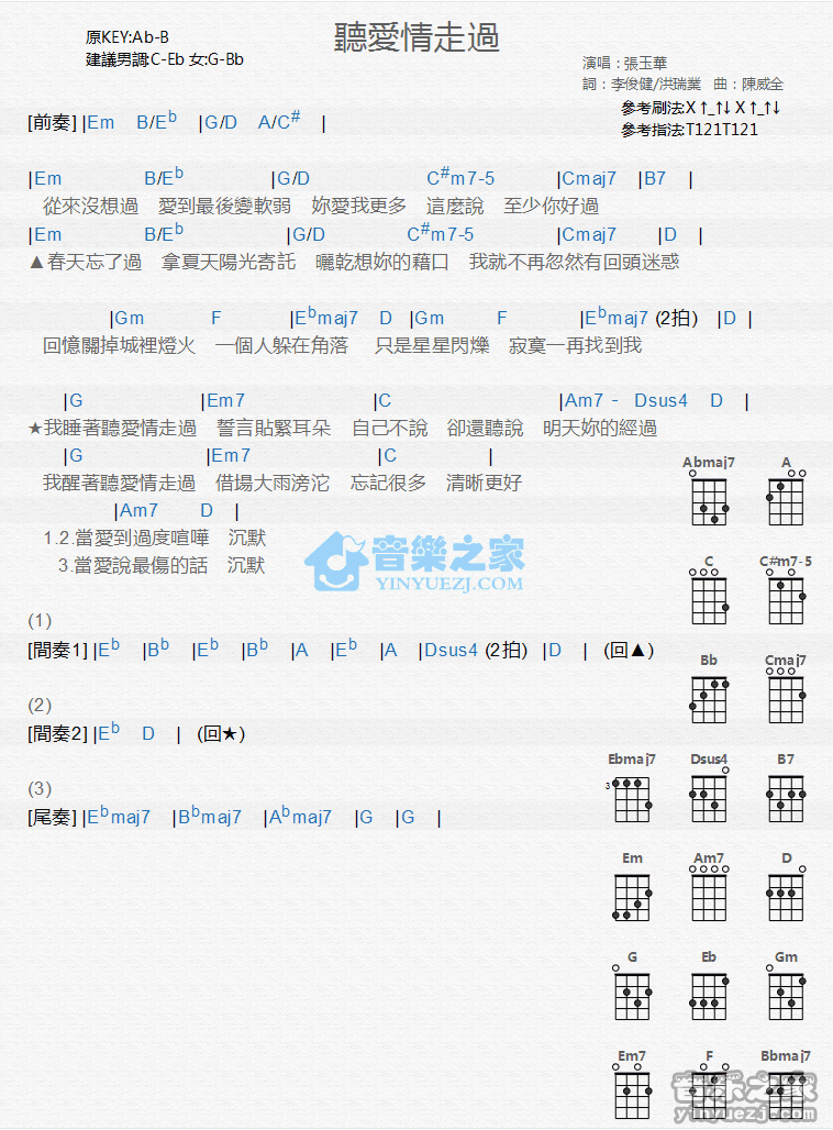 张玉华《听爱情走过》尤克里里弹唱谱