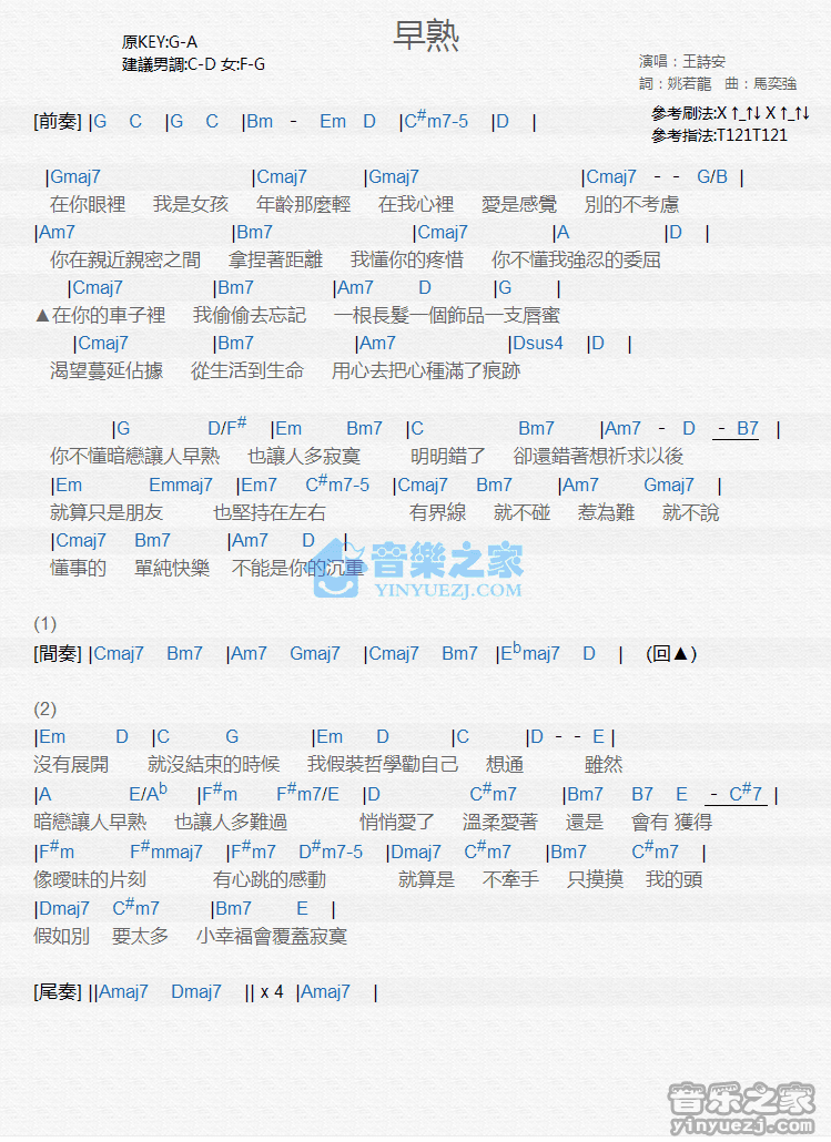 王诗安《早熟》尤克里里弹唱谱
