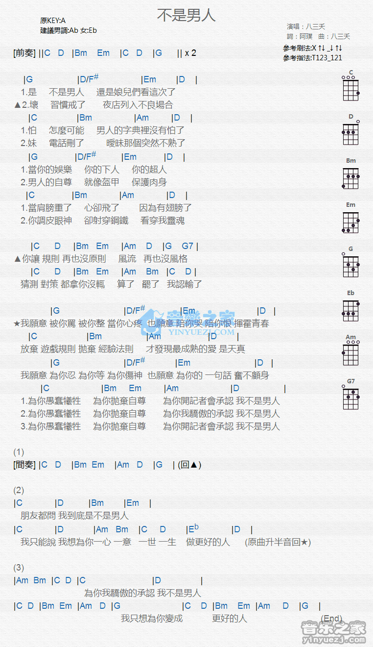 八三夭《不是男人》尤克里里弹唱谱