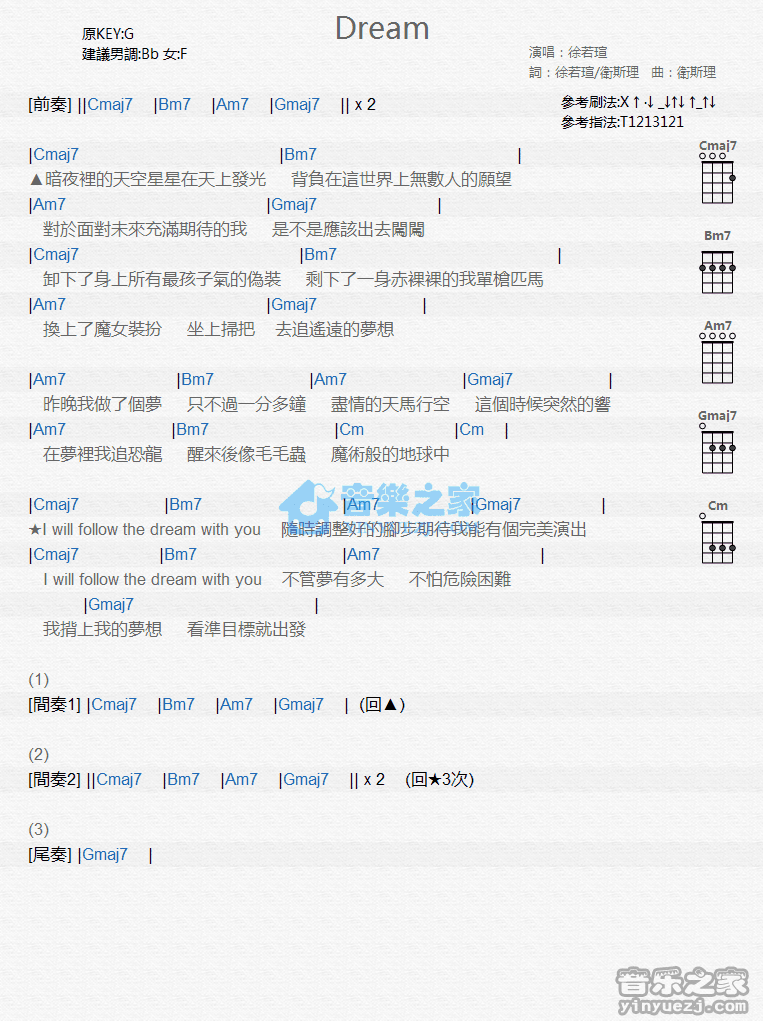 徐若瑄《Dream》尤克里里弹唱谱