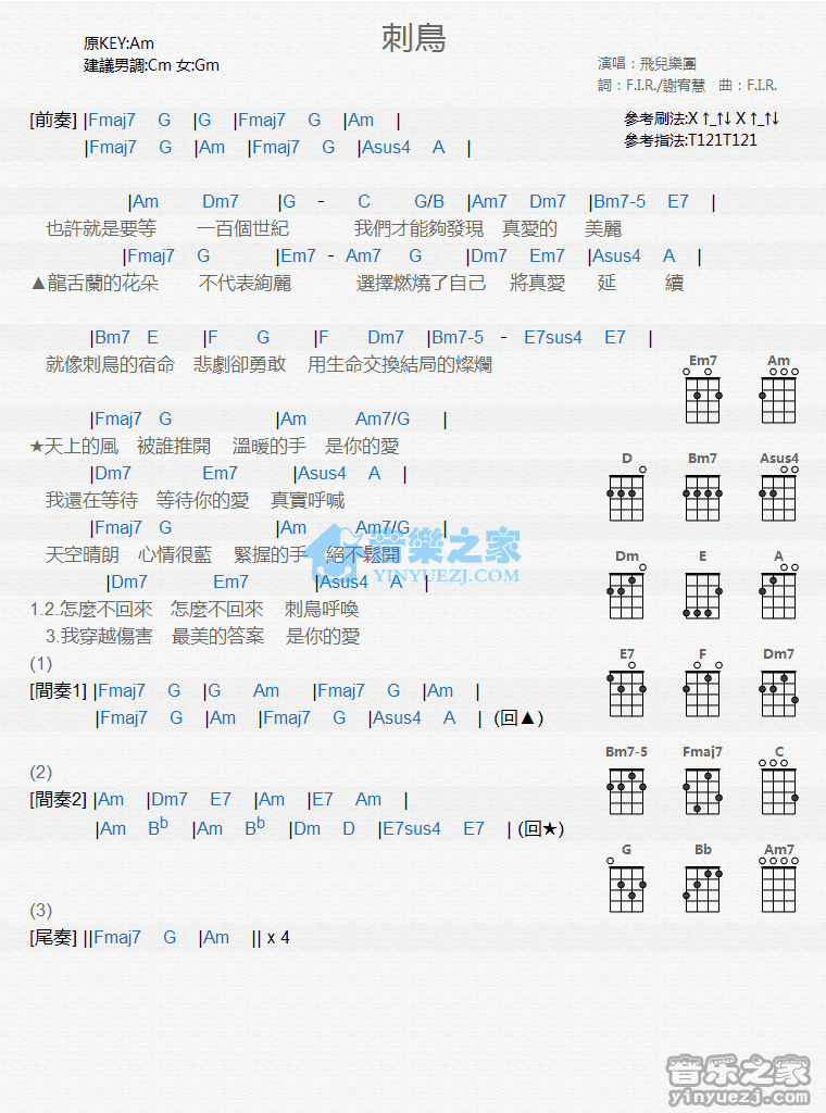 飞儿乐团《刺鸟》尤克里里弹唱谱