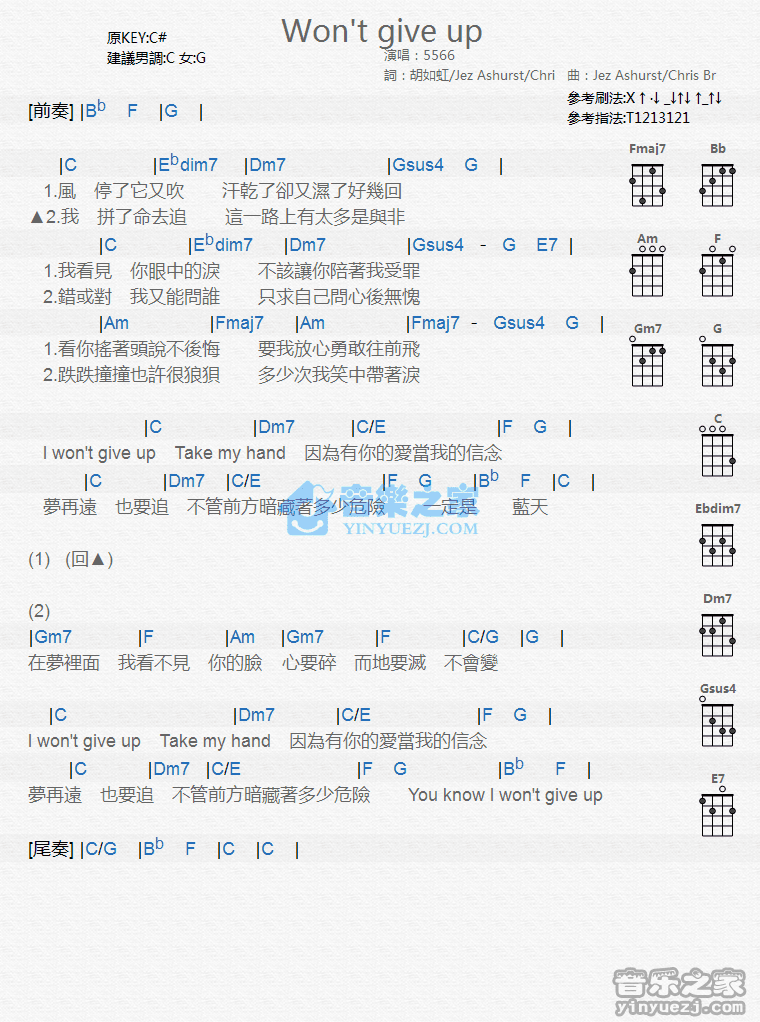 5566《Wont Give Up》尤克里里弹唱谱