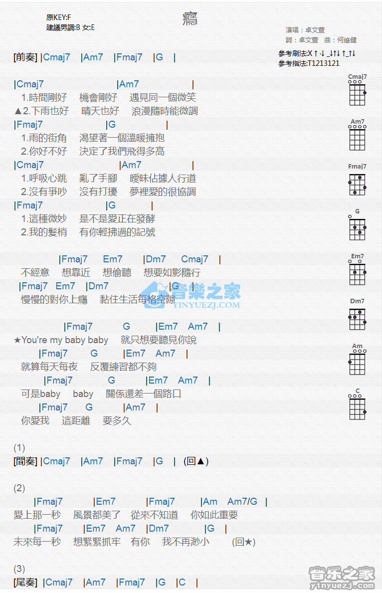 卓文萱《瘾》尤克里里弹唱谱