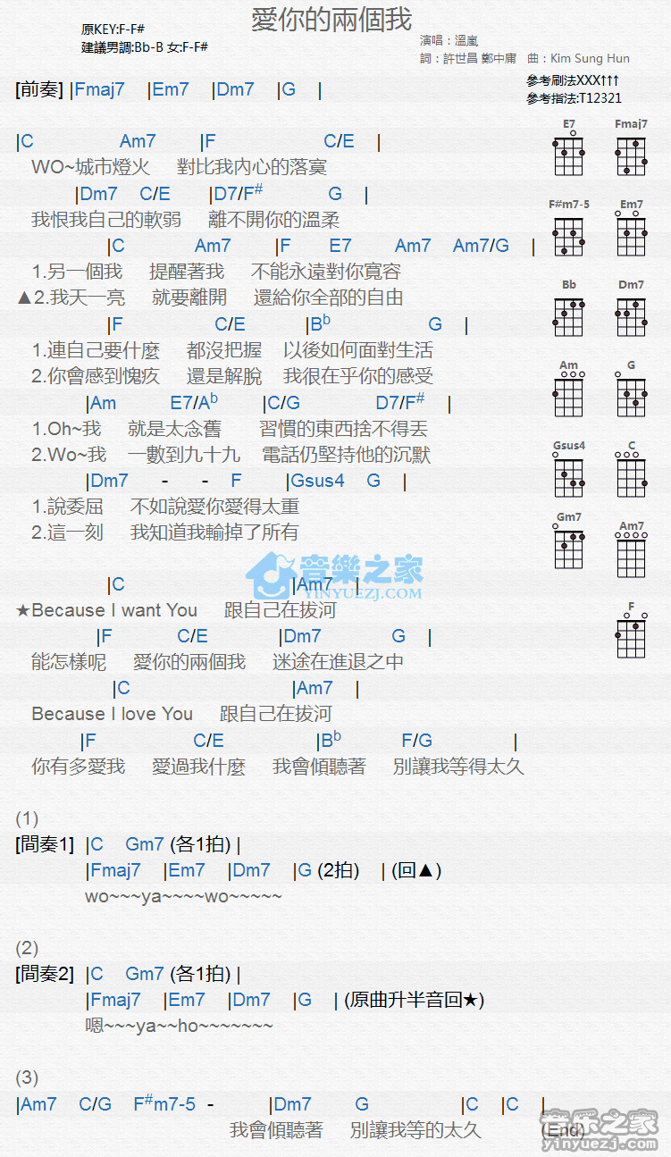 温岚《爱你的两个我》尤克里里弹唱谱
