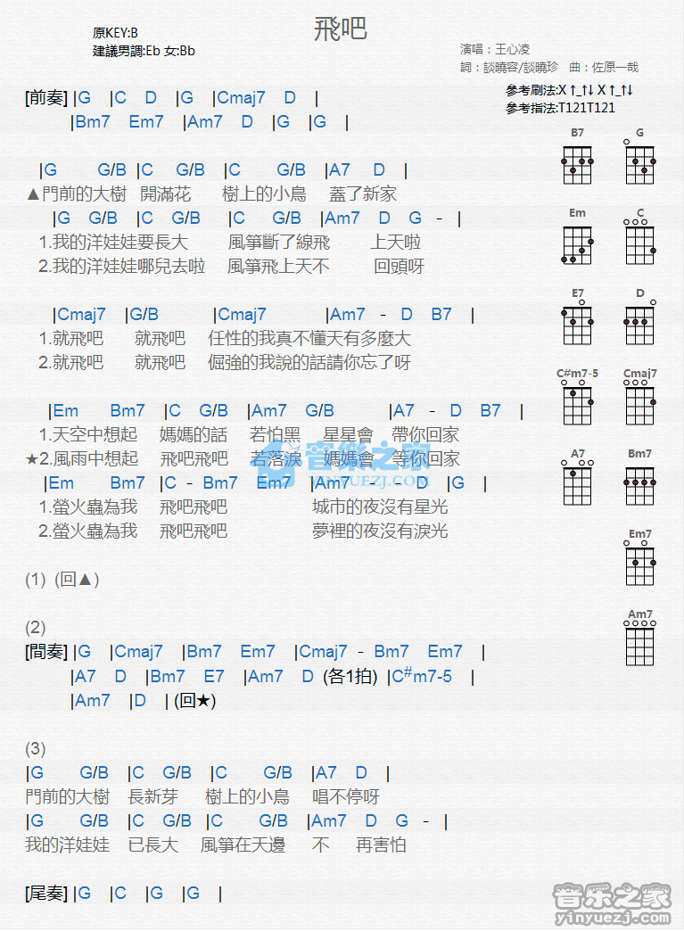 王心凌《飞吧》尤克里里弹唱谱