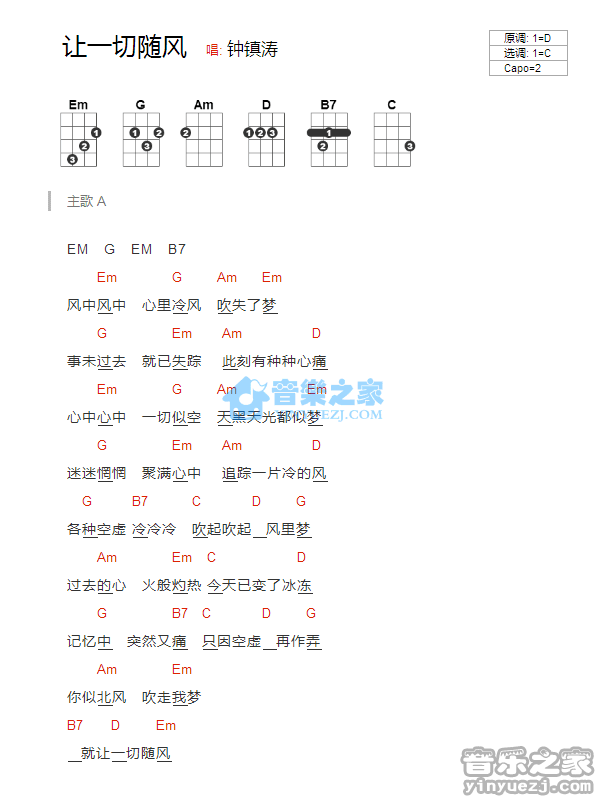 钟镇涛《让一切随风》尤克里里弹唱谱