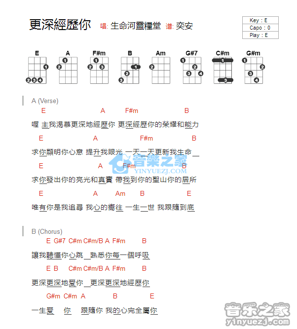 生命河灵粮堂《更深经历你》尤克里里弹唱谱