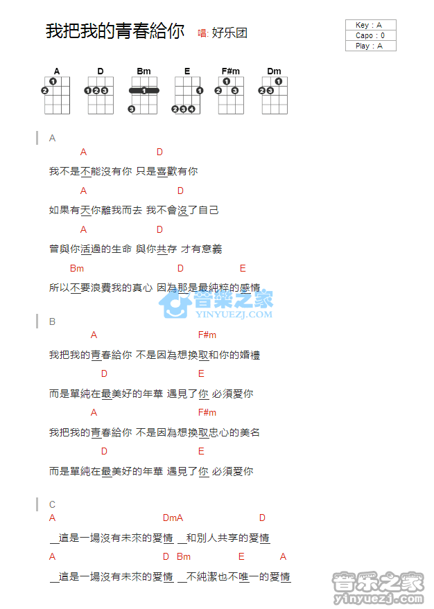 好乐团《我把我的青春给你》尤克里里弹唱谱