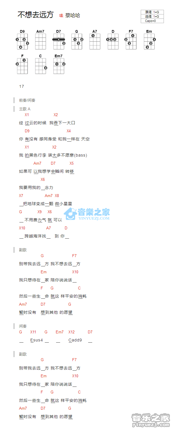 卢广仲《不想去远方》尤克里里弹唱谱