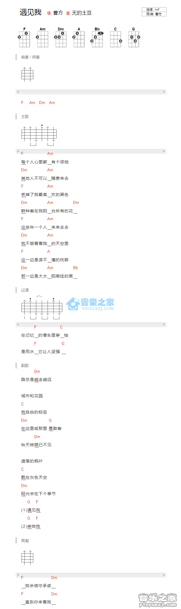 曹方《遇见我》尤克里里弹唱谱