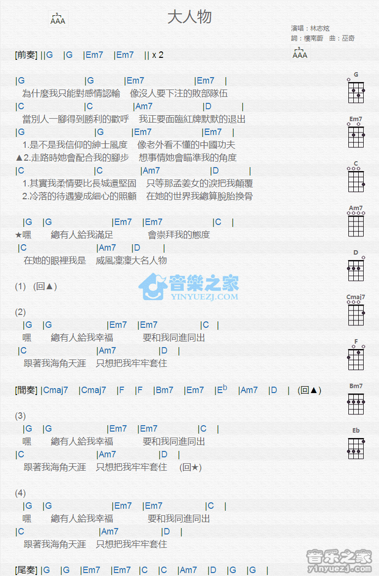 林志炫《大人物》尤克里里弹唱谱