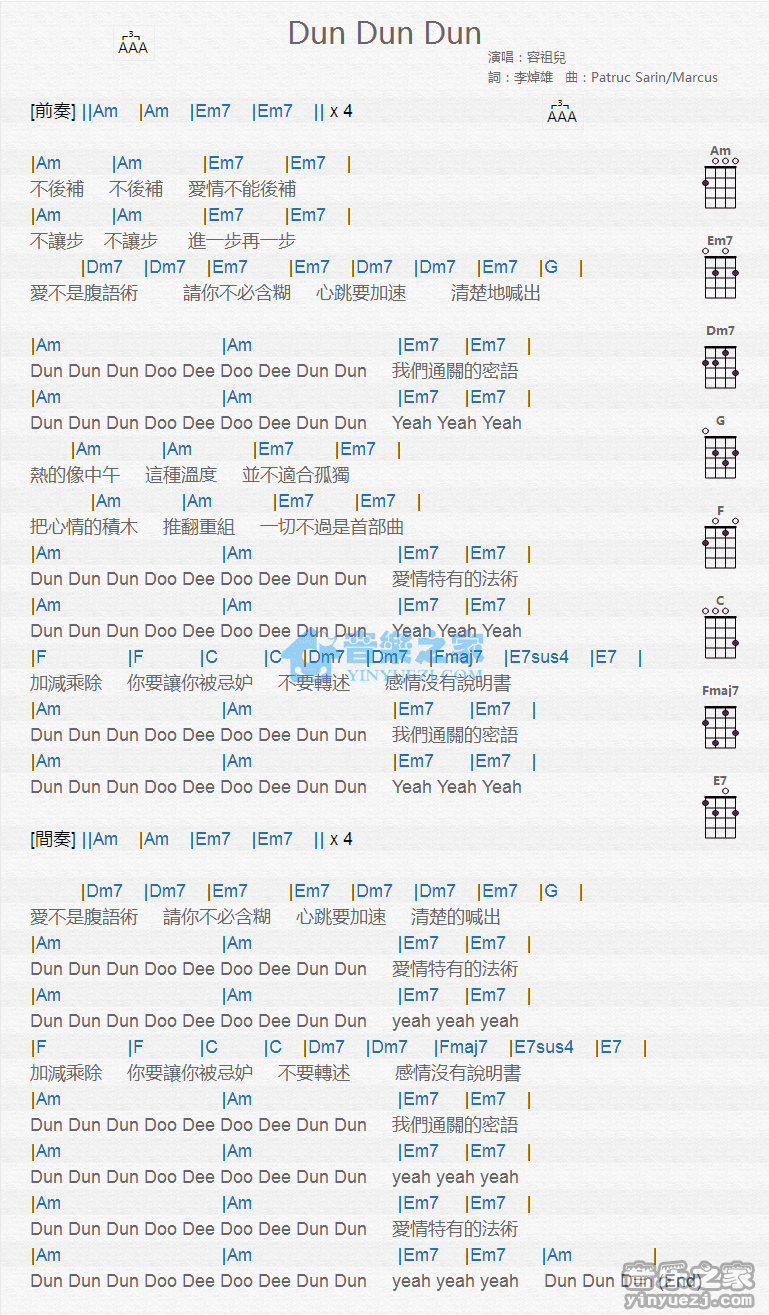 容祖儿《Dun Dun Dun》尤克里里弹唱谱