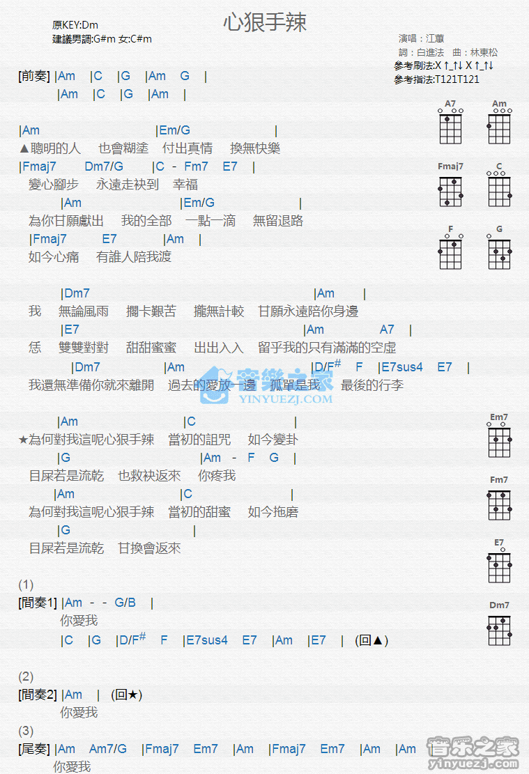 江蕙《心狠手辣》尤克里里弹唱谱