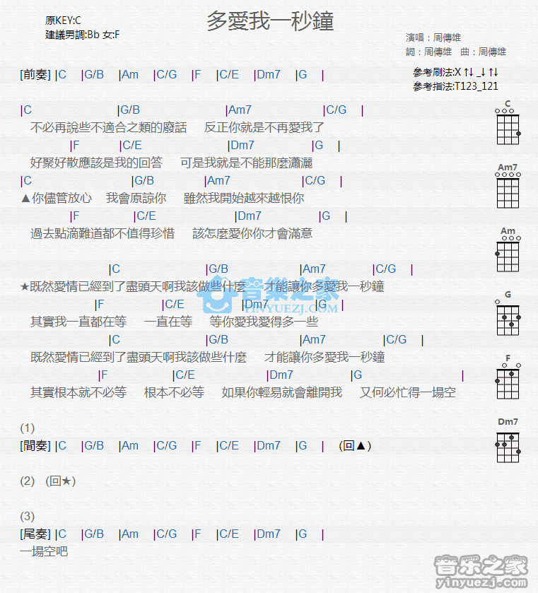 周传雄《多爱我一秒钟》尤克里里弹唱谱
