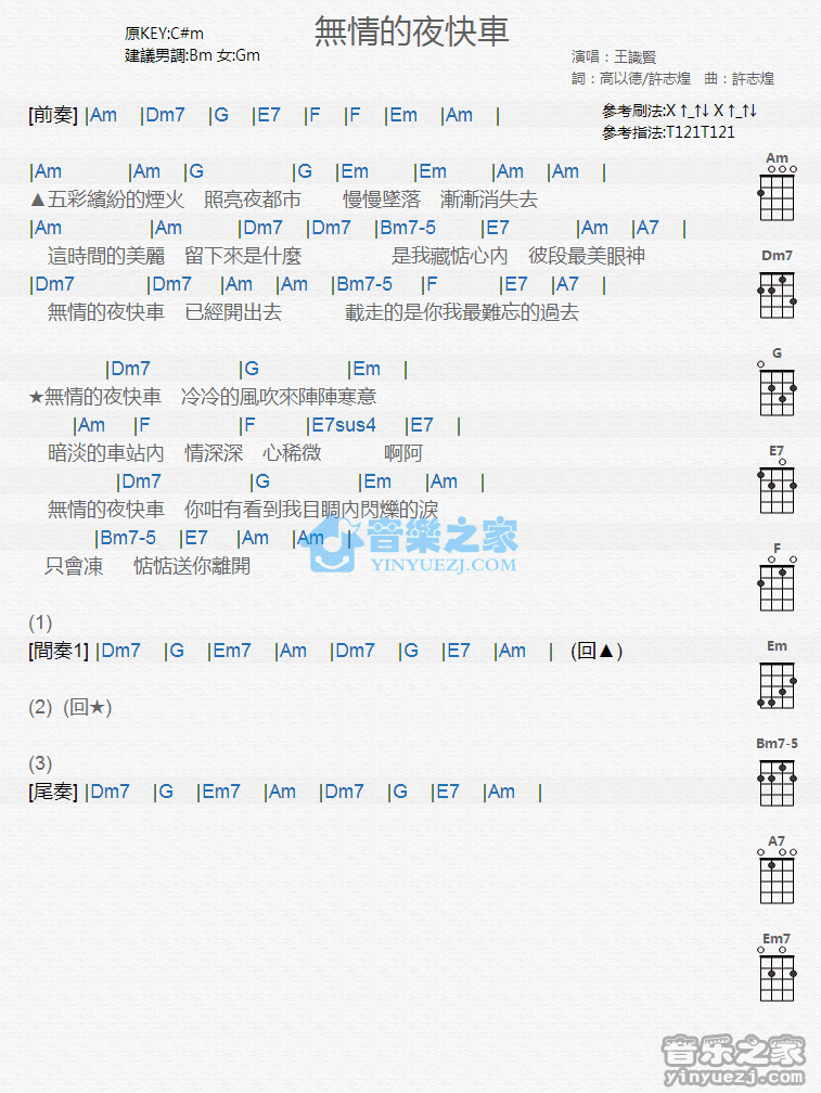 王识贤《无情的夜快车》尤克里里弹唱谱