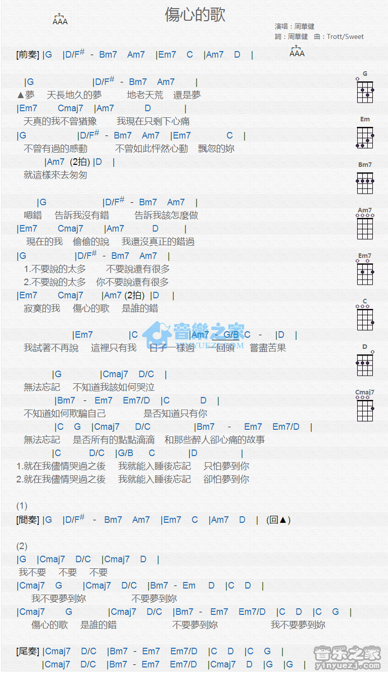 周华健《伤心的歌》尤克里里弹唱谱