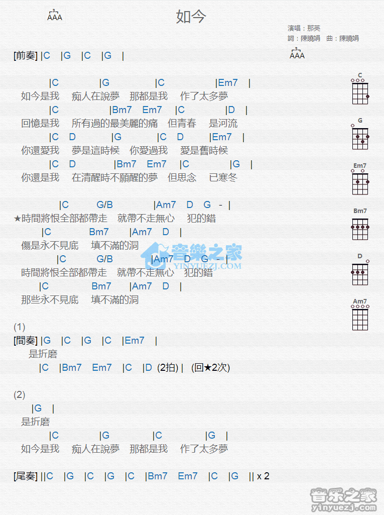 那英《如今》尤克里里弹唱谱